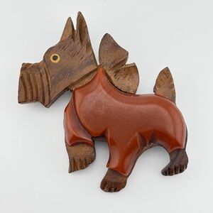 Vintage Art Deco era hand-carved Bakelite Over Wood  Scottie Dog Brooch
